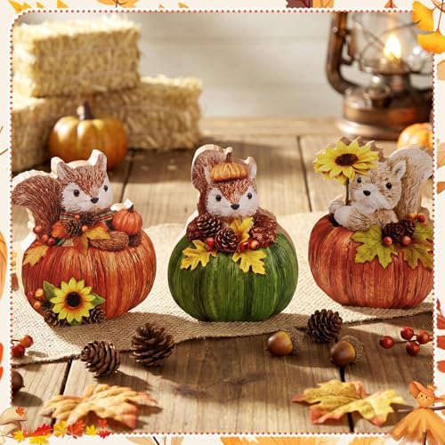 DoubleFill 3 Pcs Fall Squirrels Pumpkins Figurines Wooden Table Decor - Image 2