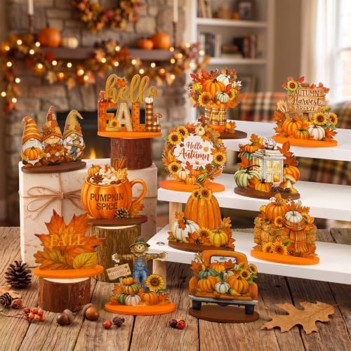 Wesiti 12 Pcs Fall Thanksgiving Table Decorations, Wooden Autumn Harvest Centerpiece, Pumpkin Gnome Scarecrow Table Topper Decor for Fall Tiered Tray Decor Party Favor - Image 2
