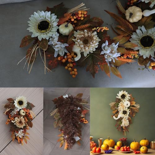 Artificial Fall Teardrop Swag Hanging Teardrop Swag Autumn Swags Fall Wreaths with Pumpkin Maple Leaves for Thanksgiving Fall Front Door Window Wall Porch Eaves Doorways Festivals Decor - Image 7