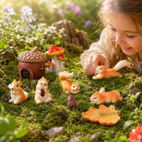 Fairy Garden Accessories, 9 Pieces Squirrel Resin Figures with Pinecone House Mushroom Leaf, Handmade Miniature Decor, Garden Miniatures Decors for Outdoor Home, Perfect DIY Gift - Image 2