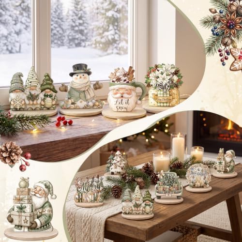 Leinuosen 12 Pcs Christmas Table Decoration Neutral Christmas Tiered Tray Decor Wooden Santa Claus Table Centerpiece Snowman Gnomes Wreath Farmhouse Xmas Decor for Home Kitchen Coffee Bar Shelf Indoor - Image 6
