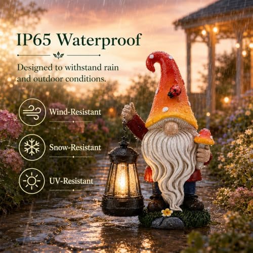 Solar Garden Gnome Statue : Mushroom Outdoor Lantern Decor - Image 5