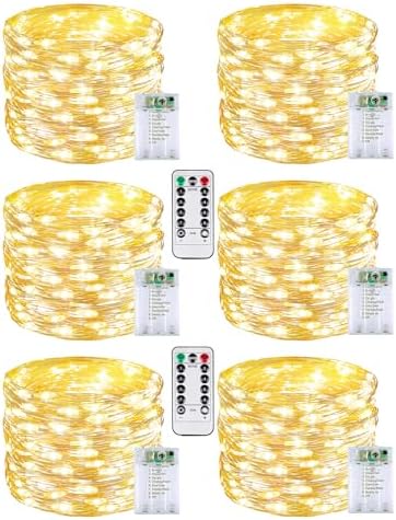 6 Pack 60 LED Fairy Lights Battery Operated with Remote, 20 FT Warm White by BOSSERN