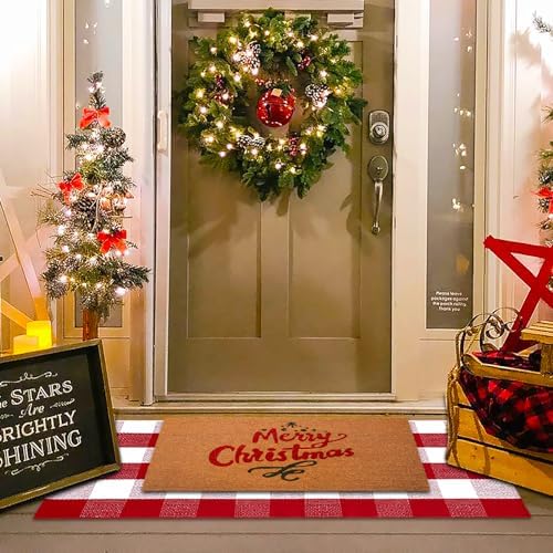 Christmas Red and White Plaid Rug - 24 x 51 Inches Outdoor Front Door Decor Mat Cotton Washable Hand-Woven Rug Christmas New Year Holiday Porch Entryway Layered Doormat - Image 2