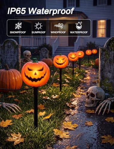 SUNSGNE Halloween Pathway Lights, Set of 4 Halloween Pumpkin Stake Lights with 5 C7 LED Light Bulbs(1 Spare), Connectable Pumpkin Light for Path Walkway Driveway Garden Decorations - Image 4