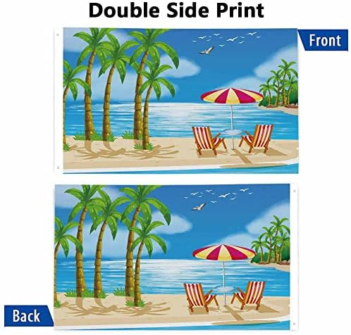 Yekiua Beach View Flag 3X5 Summer Holiday Tropical Palm Tree Chairs Umbrella UV Fade Resistant Vivid Color - Canvas Header Double Stitched Flag With Brass Grommets - Image 3
