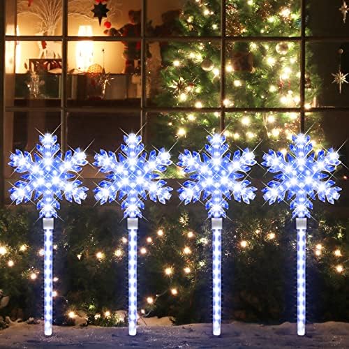 LAMPHOME Shooting 17" 568LED Snowflake Lawn Stake Light Super-Bright White and Blue 4 Stakes Total Christmas Outdoor Decoration with UL Standard Adaptor for Outdoor Pathway Lawn Holiday Party Home by ULL