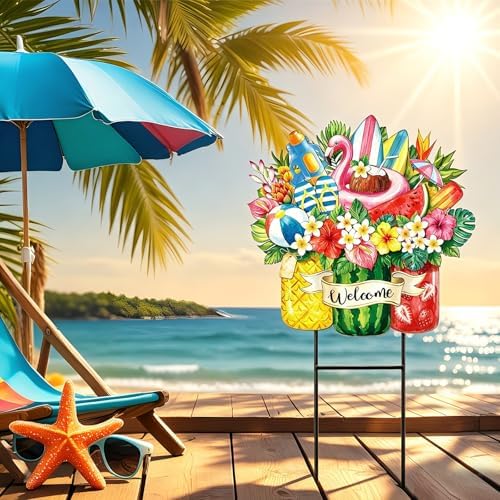 Amyhill Summer Tropical Outdoor Decor Garden Stakes Metal 25 Inch Hawaiian Luau Welcome Yard Signs Decorations Outdoor Tropical Decorative Garden Stakes Patio Lawn Walkway Backyard Porch Decorations - Image 2