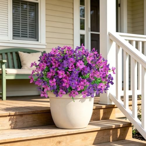 INXUGAO Artificial Faux Plants Flowers Outdoor Spring Summer Decoration, 12 Bundles Fake Silk Colorful Daisy Eucalyptus Realistic UV Resistant for Outside Home Planter Porch Patio Yard Decor (Purple) - Image 5