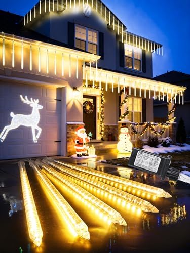 Flacchi Meteor Shower Icicle Lights - 5 Tubes 20" Each 270 LED Cascading Raindrop Lights, Timer Outdoor Waterproof Christmas Decorations for Holiday Party(Warm White) by Flacchi