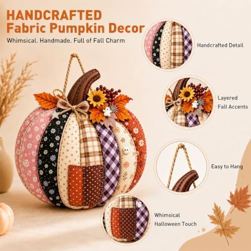 Autumn Retro Patchwork Pumpkin Door Hanging with Lights，C - Image 2