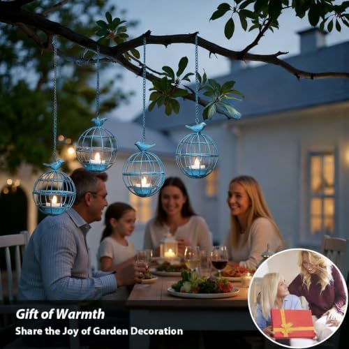 Outdoor Solar Hanging Lantern Lights, 4 Pack Rustic Ball Birdcage Hanging Candle Holder with Solar Tea Lights, Waterproof Chandelier for Tree, Pergola, Patio Decor (Vintage Blue) - Image 5