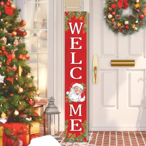 Christmas Wooden Porch Sign 47" Santa Claus Large Welcome Porch Sign for Home Front Door Yard Party Decor(Red) by KORVITA