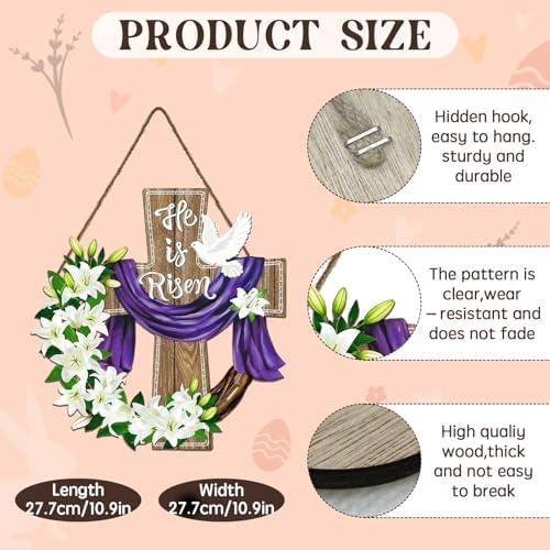 Harooni Easter Door Sign for Front Door He Is Risen Easter Cross Wood Wreaths Hanger Religious Cross Lily Flowers Outdoor Porch Decor Spring Flowers Wooden Wreath Wall Hanging Decoration 10.9"x10.9" - Image 2