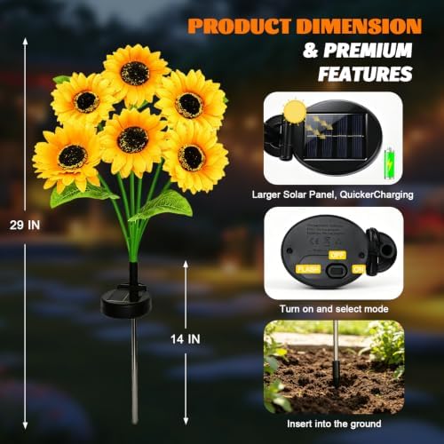MorTime 2 Pack Solar Sunflower Lights, Outdoor Garden Waterproof Solar Lights with 12 Sunflower Lights for Patio Garden Backyard Holiday Yard Party Wedding Outdoor Spring Decor - Image 2