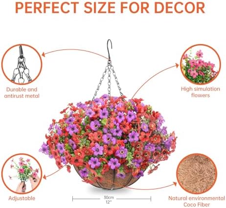 Artificial Hanging Faux Flowers Basket, Fake Silk Daisy Eucalyptus Plants Arrangement,for Spring Summer Outdoor Decoration,UV Resistant, Coconut Planter,Look Real for Home Garden Decor (Purple Red) - Image 3