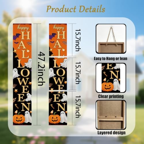 Happy Halloween Vertical Wooden Porch Sign, Spooky Ghost Pumpkin Bat Candy Tall Welcome Hanging Sign, 47.2 Inch Long Halloween Front Door Decor Hang or Lean Against Wall for Indoor Outdoor Farmhouse - Image 3