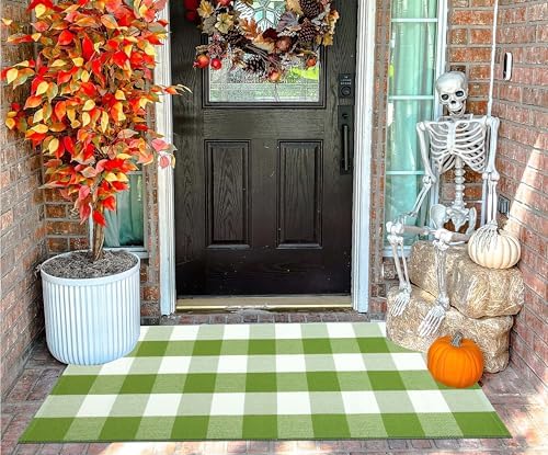 Green White Buffalo Plaid Outdoor Rug 24"x51" Cotton Checkered Door Mat - Image 7