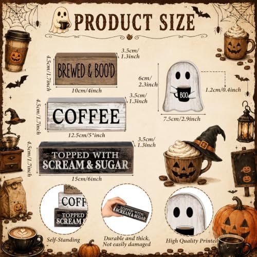 Lineshading 4 Pcs Halloween Ghost Blocks, Wooden Coffee Farmhouse Decor - Image 3