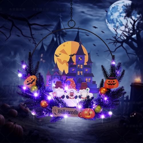 Pre-Lit Halloween Wreath for Front Door, Lighted Dwarf with 6H On/18H Off by Bringingjoytoyourhomelife