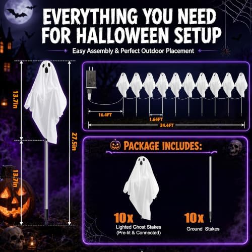 10 Pack Pre-Lit Halloween Ghost Pathway Lights w/ 240 LEDs & 8 Modes - Image 6