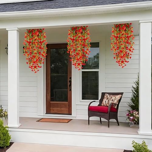 6 Pcs Artificial Hanging Flowers 30 Inch Bright Red Morning Glory Vines UV Resistant Fake Hanging Plants Silk Hanging Flowers for Outdoor Garden Window Box Patriotic Christmas Valentine Decor - Image 5