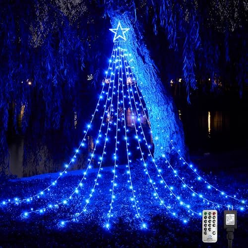 WBao 344 LED Christmas Lights Outdoor Decorations with 12" Star Topper, 11.9ft Waterfall Christmas Lights, Remote Control 8 Modes, 3 Timers, UL Listed Waterproof for Tree Roof Porch Xmas Decor, Blue by WBaoOfficial