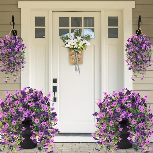Artificial Fake Hanging Flowers Plants for Outdoor Outside Spring Summer Decoration 2PCS Faux Silk UV Resistant Realistic Mums Daisy with Eucalyptus for Home Porch Patio Balcony(Purple & Magenta) - Image 2