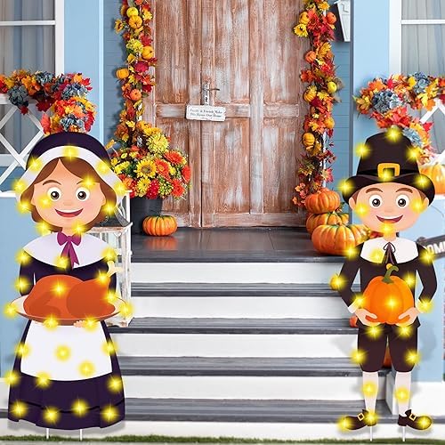 Soaoo 2 Pack Thanksgiving Pilgrim Couple Yard Signs with LED String Light Outdoor Fall Yard Decorations with Stakes Pumpkin Thanksgiving Lawn Garden Sign for Harvest Party Decorations, 32 x 12 Inch - Image 6
