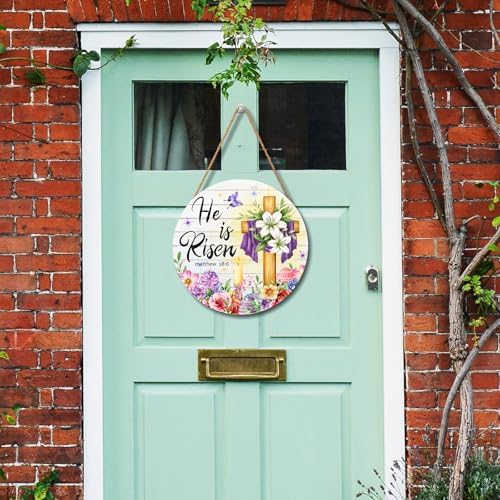 Harooni Easter Decorative Sign, 12x12in Modern Wooden Door Mount, Pastel, Bright, He is Risen, Twine, Rope - Image 6