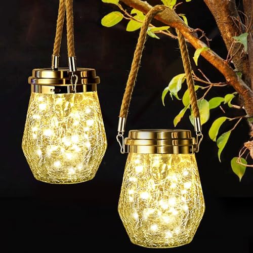 Solar Lantern Outdoor, 2 Pack Hanging Solar Lights Outdoor Waterproof, Upgraded 60 LED Lanterns Decorative Outdoor Garden Decor for Yard Pathway Patio Christmas Halloween, Warm White, ‎LD01 by Keevvon