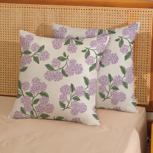 Purple Pink Spring Pillow Covers 18x18 Inch 2 Pcs Green Hydrangea Flower Decor Throw Pillows Vintage Floral Seasonal Summer Outdoor Decoration Pillowcase Linen Cushion Cover for Couch Sofa - Image 2