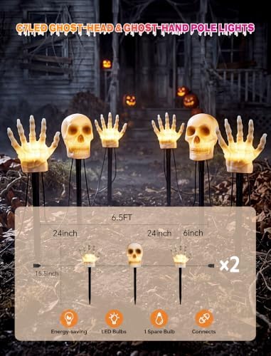 6Pack Halloween Pathway String Lights, 13Ft LED Skull Outdoor Stake Lights - Image 2