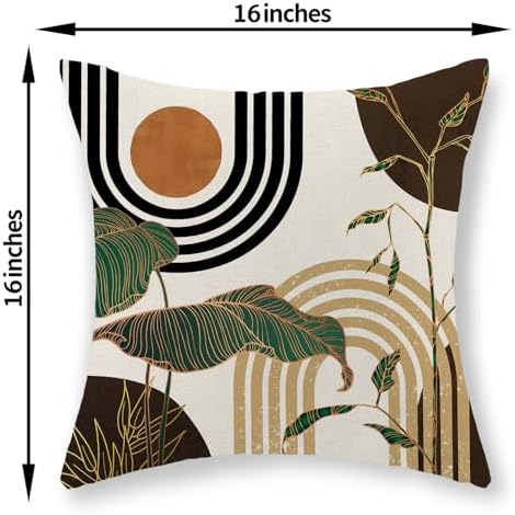 Boho Brown Pillow Covers 16x16 Set of 2 Gold Leaf Tropical Mid Century Throw Pillows Outdoor Bohemian Abstract Modern Decorative Pillowcase Farmhouse Linen Cushion Case for Couch Sofa Decor - Image 2