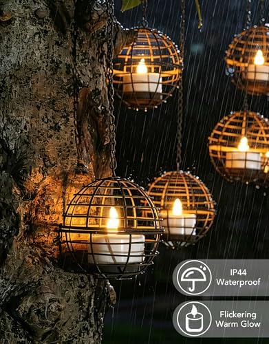 Large Solar Lights Outdoor Hanging Lanterns 12 Pack, Rustic Iron 4.3" Ball Solar Tea Lights with Flickering Flame Candle, Waterproof Hanging Lights for Backyard Patio Garden Fence Tree Pergola Décor - Image 6