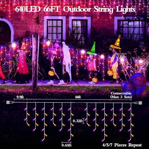 JXLEDAYY 65 FT 640 LED Halloween Lights Outdoor Decorations Clear Wire String Lights Plug in 120 Drops 8 Modes Memory Timer Curtain Fairy Lights Waterproof for Holiday Wedding Party-Orange and Purple - Image 2