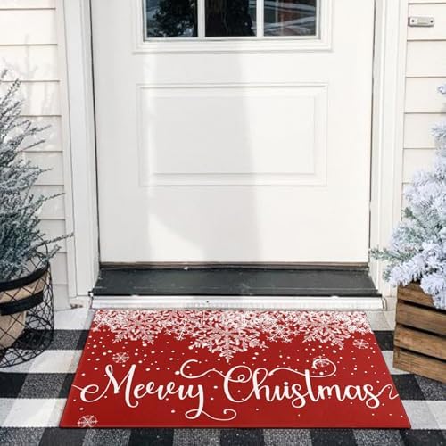 Merry Christmas Door Mat Outdoor for Front Door,Red Snowflake Snow Welcome Doormat,Winter Xmas Holiday Floor Rugs for Indoor Porch Entrance Farmhouse Decor 30" x 17 - Image 4