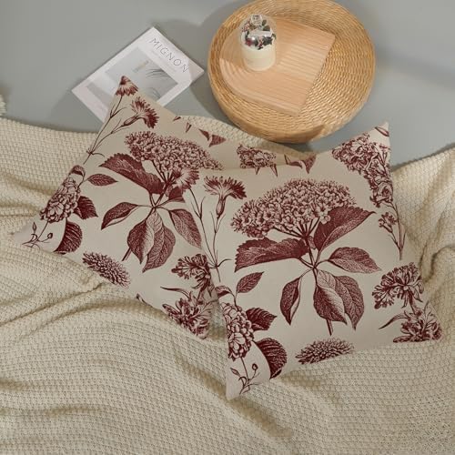 Burgundy Red Pillow Covers 24x24 Inch 2 Pcs Boho Vintage Floral Decor Throw Pillows Hydrangea Flower Seasonal Outdoor Farmhouse Neutral Accent Decoration Pillowcase Linen Cushion Cover for Sofa - Image 5