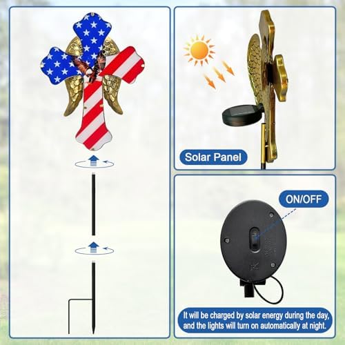4th of July Decorations Outdoor,Solar Cross for Cemetery Grave Yard Decor | Cemetery Decorations Garden Stakes,Patriotic Eagle Cross Solar Lights Outdoor Pathway,Lawn,National Day Remembrance Gifts - Image 6