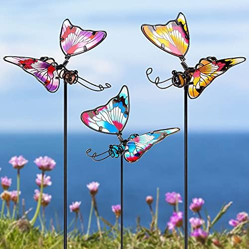 Juegoal Set of 3 Butterfly Garden Stake Decor, 20 Inch Colorful Butterflies Stakes, Glass & Metal Yard Art Ornaments for Mom, Mothers Day Ideal Gifts, Outdoor Lawn Pathway Patio Plant Pot, Flower Bed by Juegoal