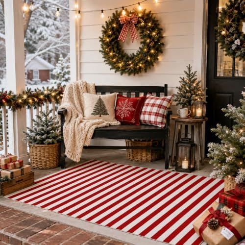 Moucuny 2'4'' X 3'7'' Red and White Christmas Vertical Stripe Outdoor Rug - Image 5