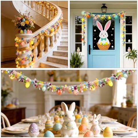 8.5Ft Easter Garland Lights with 10L LED Easter Egg String Lights Plug in and Pastel Tinsel Spring Garland Decorations for Indoor Holiday Home Bedroom Classroom Easter Decor - Image 7