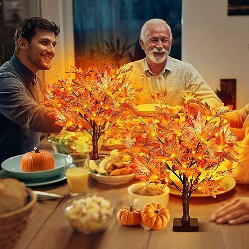 FastDeng 1.5FT Lighted Maple Tree, Artificial Fall Maple Tree with 36 LED Lights, 72 Leaves,6 Acorns, Autumn Tabletop Tree with Burlap Base for Indoor Fall Harvest, Thanksgiving Decorations (2Pack) - Image 6