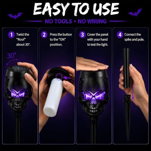 8 Pack Solar Halloween Lights Outdoor, Flickering Flame Skull Torches, Waterproof Purple Solar Lights for Yard, Spooky Skull Pathway Lights for Halloween Outdoor Decorations (Purple) - Image 6