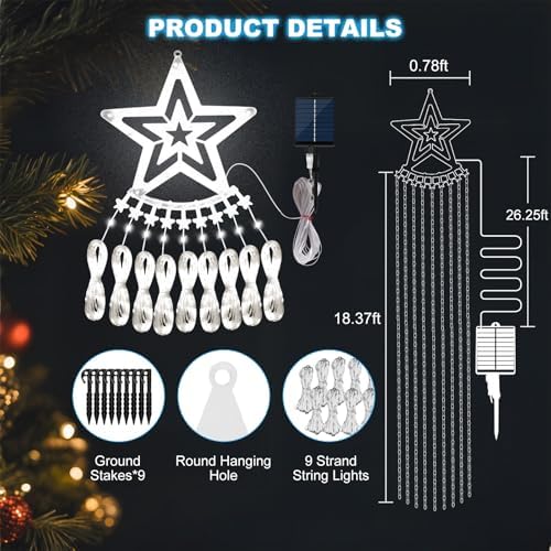 Solar Christmas Decorations Tree Lights Outdoor, 18.37ft 532LED Waterfall String Lights with 8 Modes Timer Remote Xmas Lights USB Powered for Garden Yard Patio Home Holiday Party Decor, Pure White - Image 2