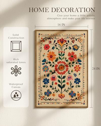 Vintage Floral Framed Canvas Wall Art 16x24 Colorful Flower Painting, Tropical Botanical Nature Boho Bright Vibrant Floral Print, Mexican Traditional Latin Bedroom Home Office Décor - Image 3