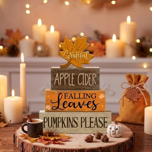 Moucuny 4 Pcs Fall Wooden Block Signs Tiered Tray Decor, Grateful - Image 6