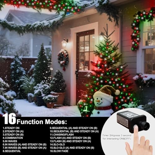 LAMPHOME Red Green White String Lights, 65.3ft 200 LED Christmas String Lights, Mini Fairy Starry Plug in with16 Modes for Outdoor Xmas Tree Wedding Party Decoration - Image 3