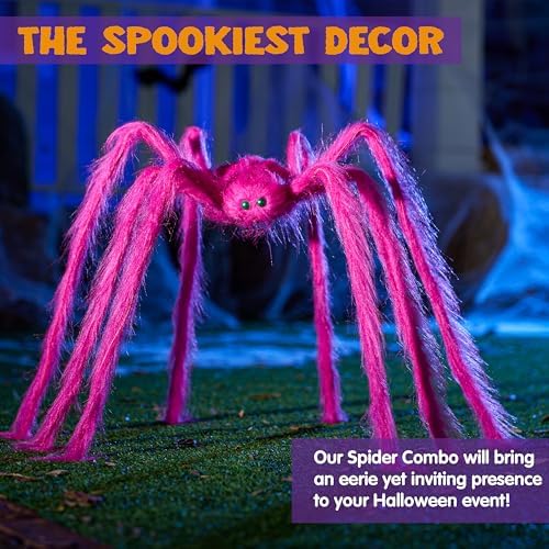 JOYIN Halloween Spider Decorations Outdoor, 5 Ft Giant Neon Colored Pink Spider with Green Eyes for Yard Lawn Garden Halloween Outside Decor, Indoor Haunted House Prop and Party Decor Home - Image 6