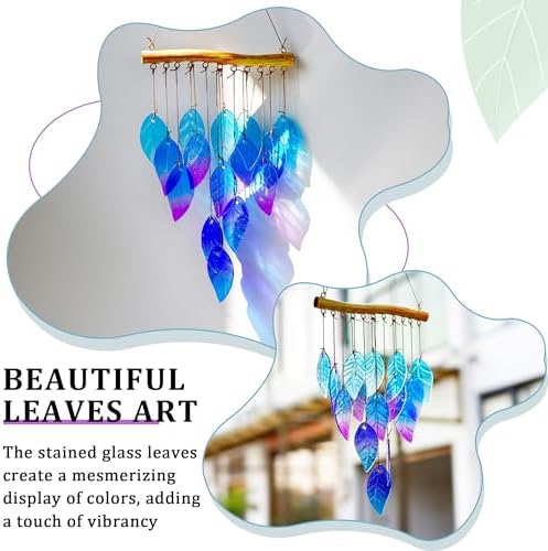 YU FENG 12.5 Inch Handmade Stained Glass Leaf Wind Chimes Window Decor - Image 6